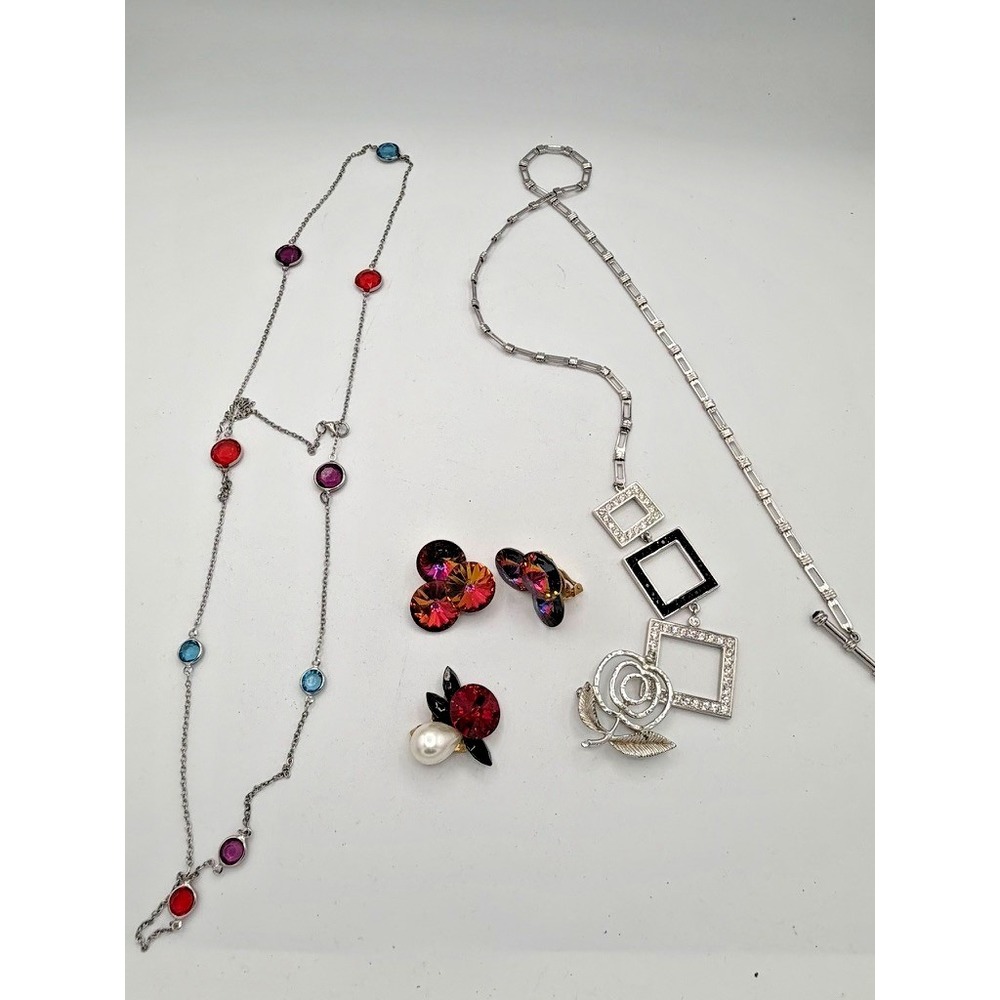 Statement Jewelry Lot Rhinestone Necklace Earrings Brooch Colorful Crystal